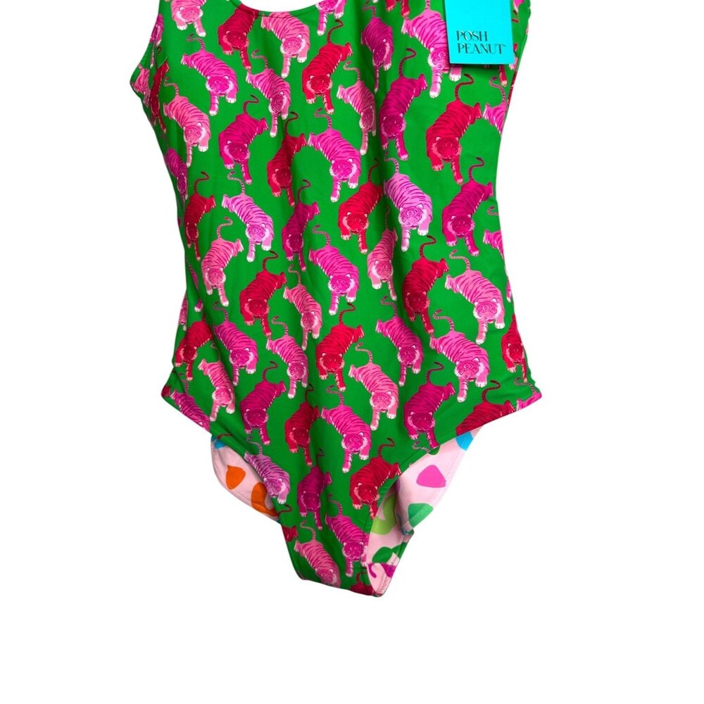 Posh Peanut One Piece Reversible Swimsuit Green Pink Tiger Abstract NWT Scoop - Picture 4 of 11